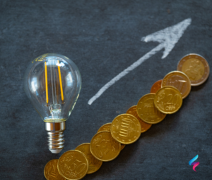 a lightbulb simboling energy with an arrow going up symbolizing prices going up